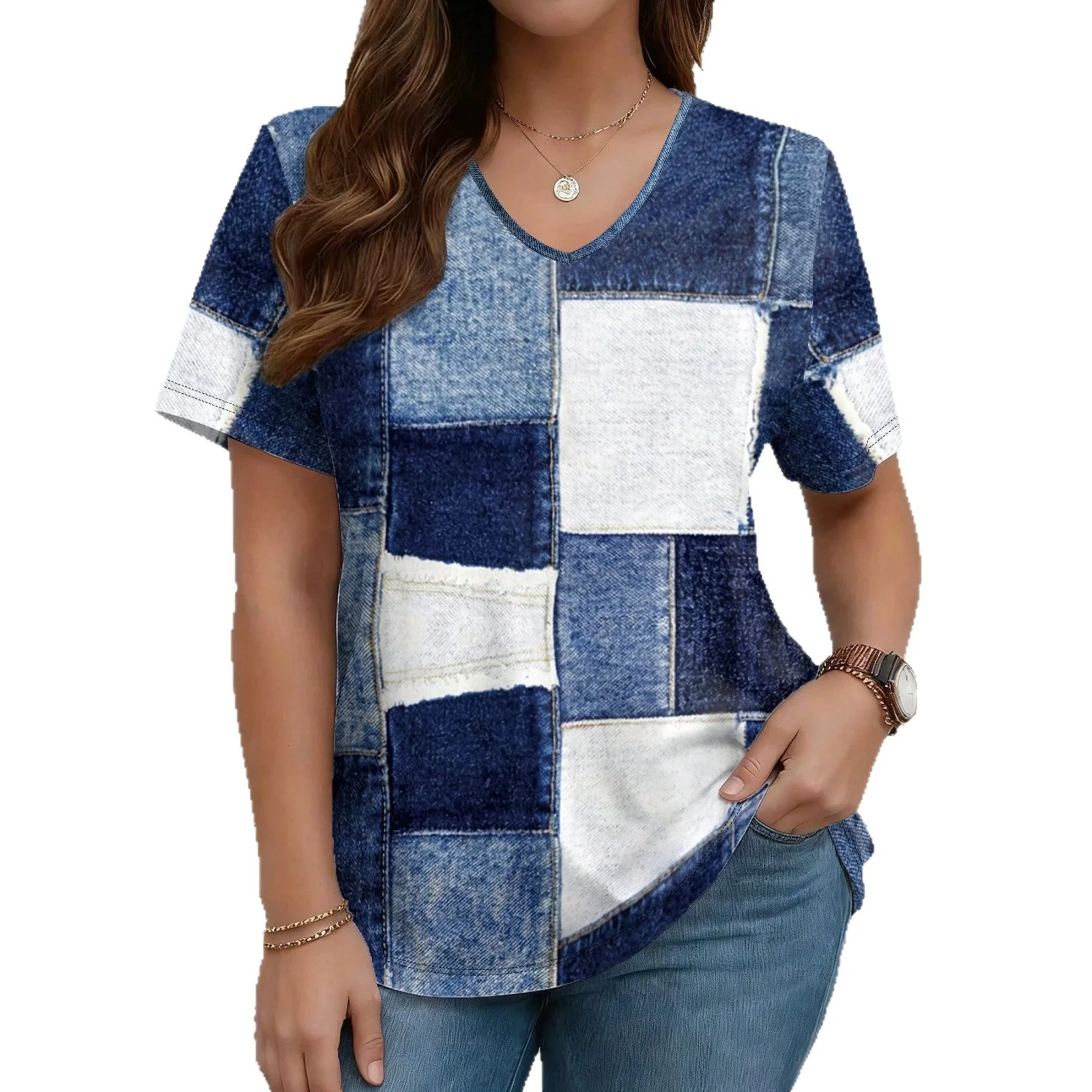 V-Neck Denim Print Short Sleeve T-Shirt | Loose Casual Tee - Image 3