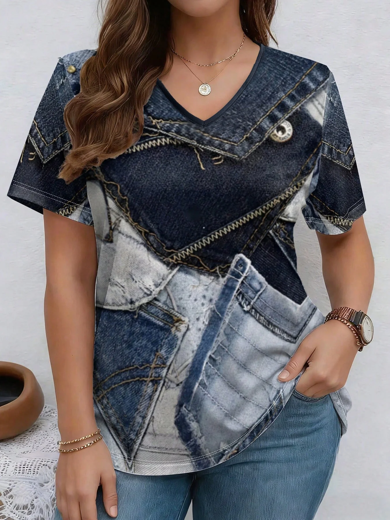 V-Neck Denim Print Short Sleeve T-Shirt | Loose Casual Tee - Image 7