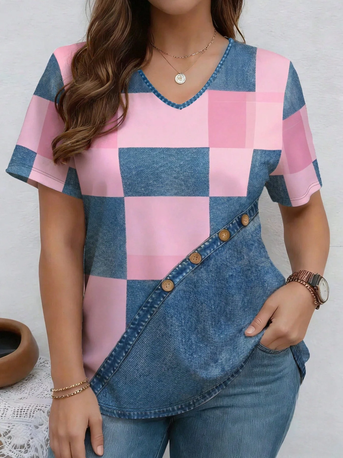 V-Neck Denim Print Short Sleeve T-Shirt | Loose Casual Tee - Image 8