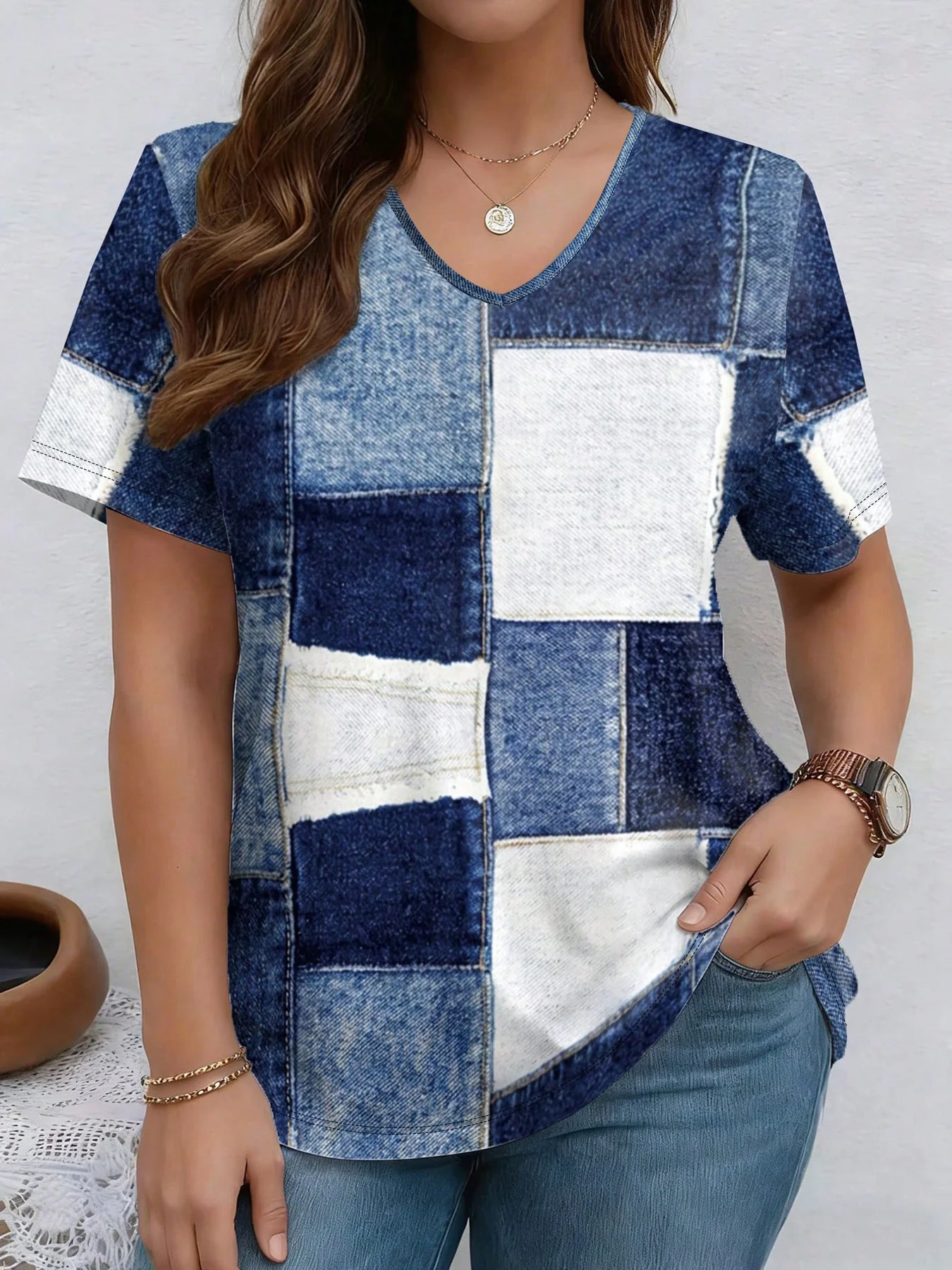 V-Neck Denim Print Short Sleeve T-Shirt | Loose Casual Tee - Image 9