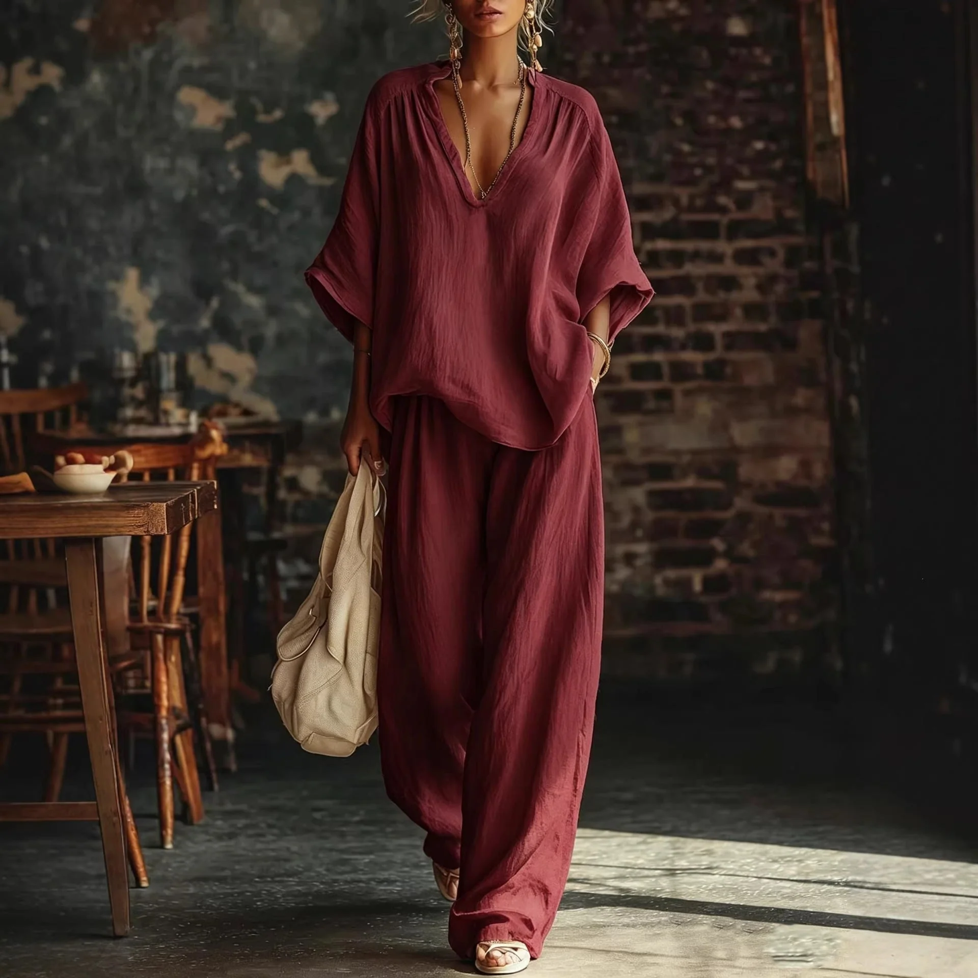 V-Neck Loose Short-Sleeve Top & Pants Set – 5 Colors, S–3XL - Image 10