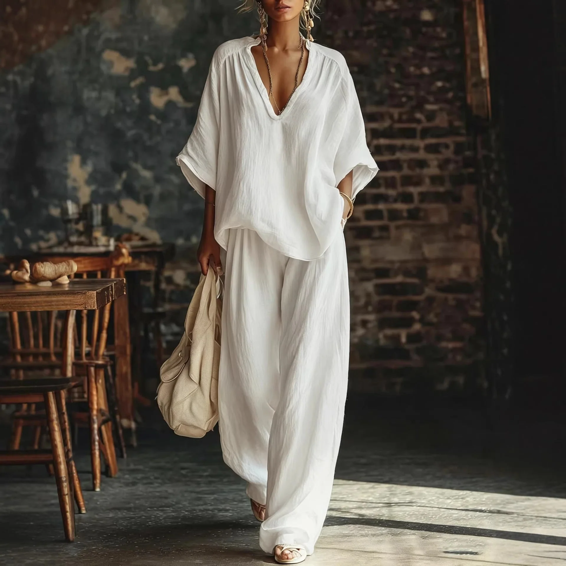 V-Neck Loose Short-Sleeve Top & Pants Set – 5 Colors, S–3XL - Image 3