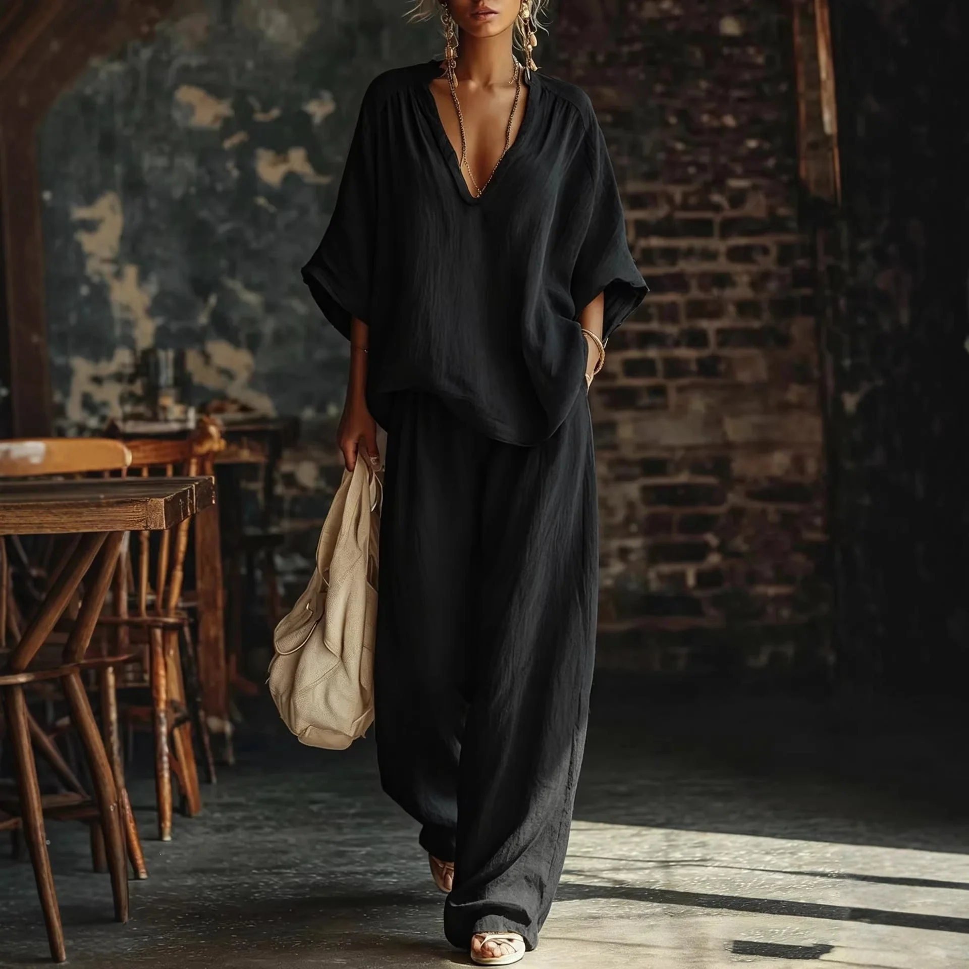 V-Neck Loose Short-Sleeve Top & Pants Set – 5 Colors, S–3XL - Image 6