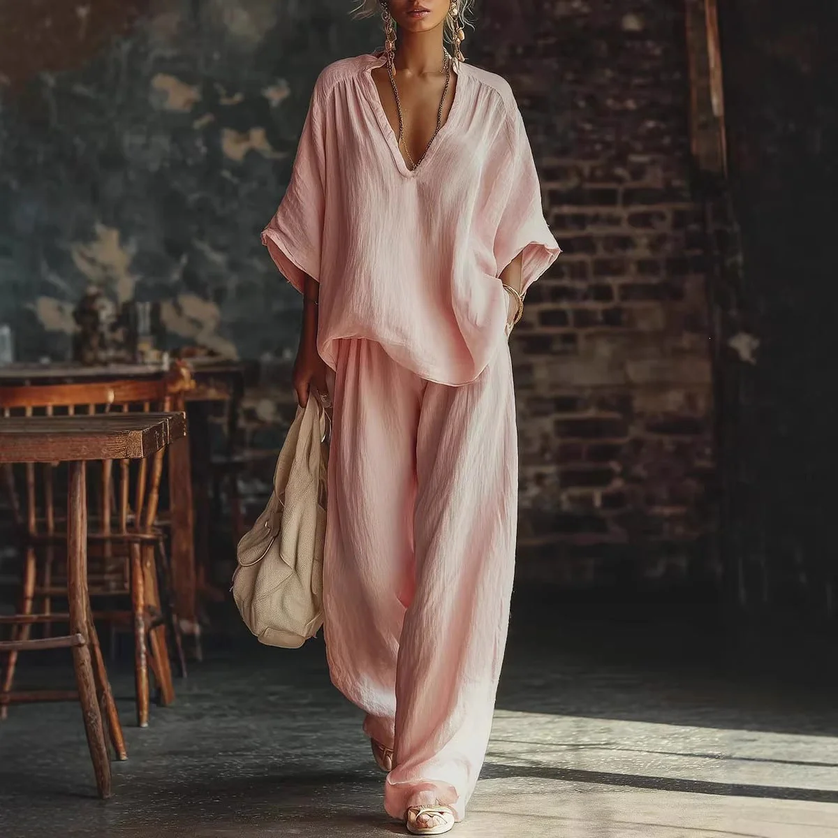 V-Neck Loose Short-Sleeve Top & Pants Set – 5 Colors, S–3XL - Image 7