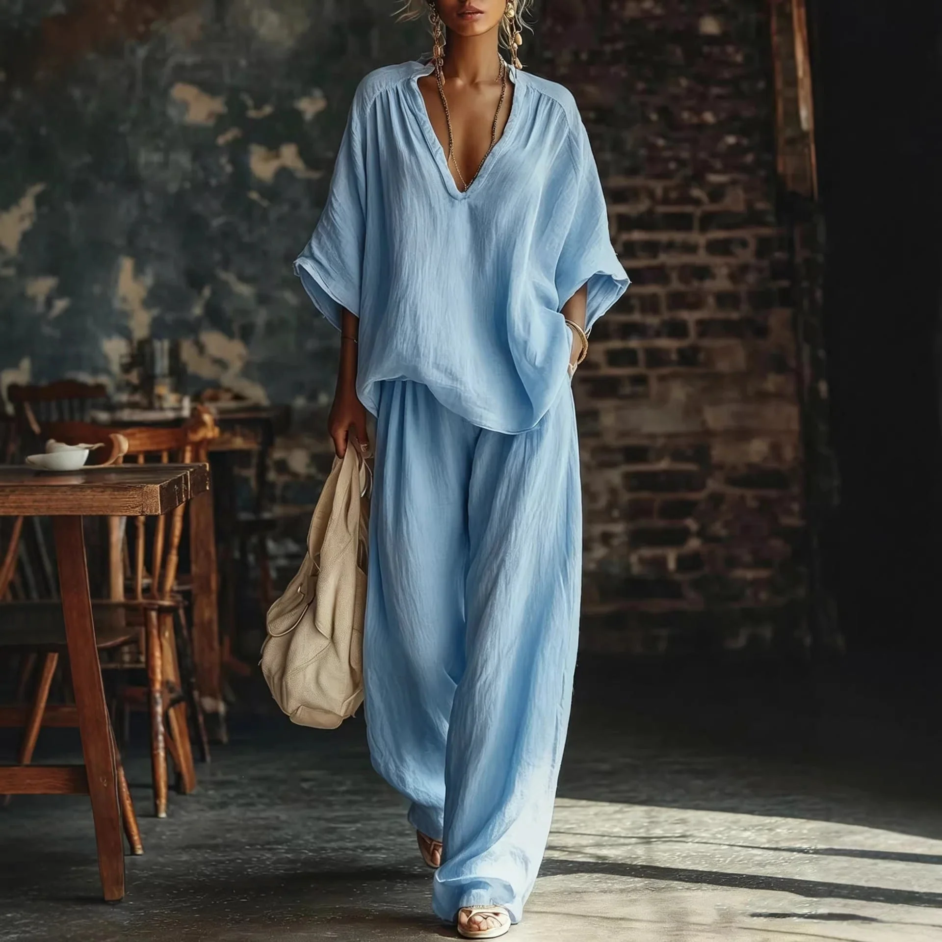 V-Neck Loose Short-Sleeve Top & Pants Set – 5 Colors, S–3XL - Image 8