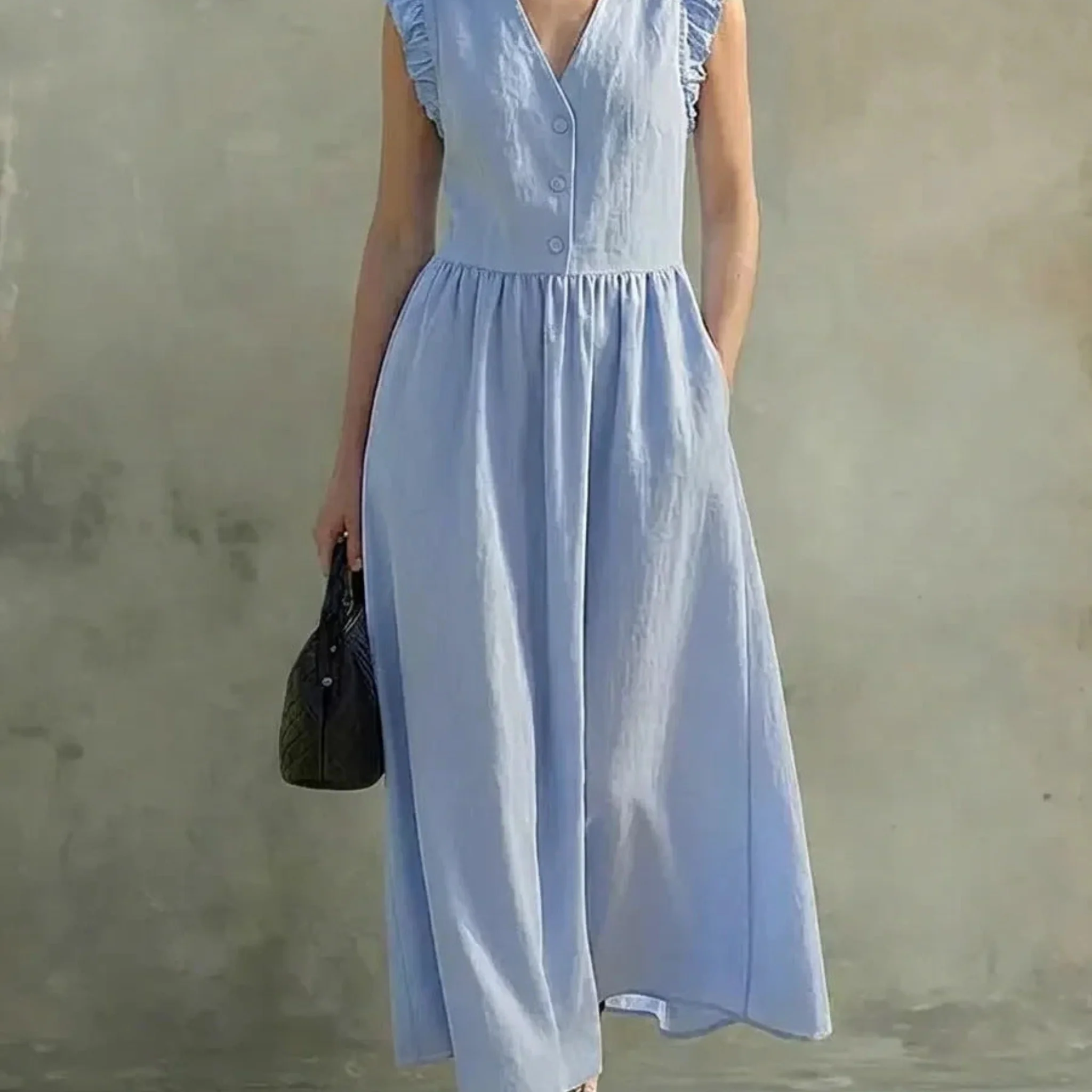 V-Neck Puff-Sleeve Dress with Pockets – Cotton Linen, 7 Colors - Image 3