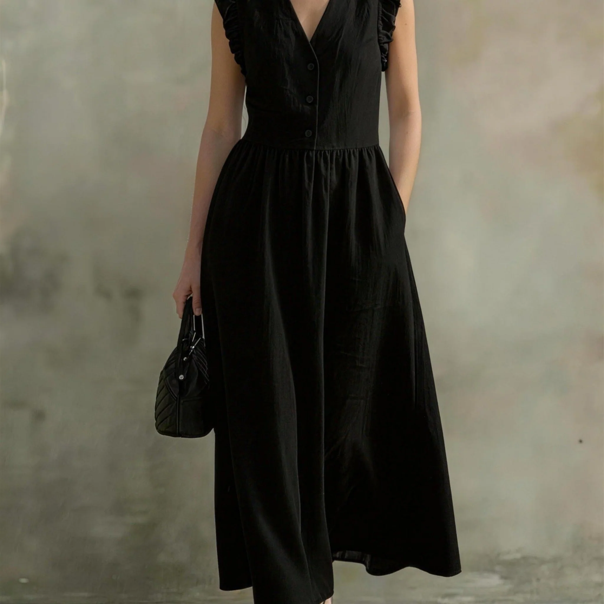 V-Neck Puff-Sleeve Dress with Pockets – Cotton Linen, 7 Colors - Image 4