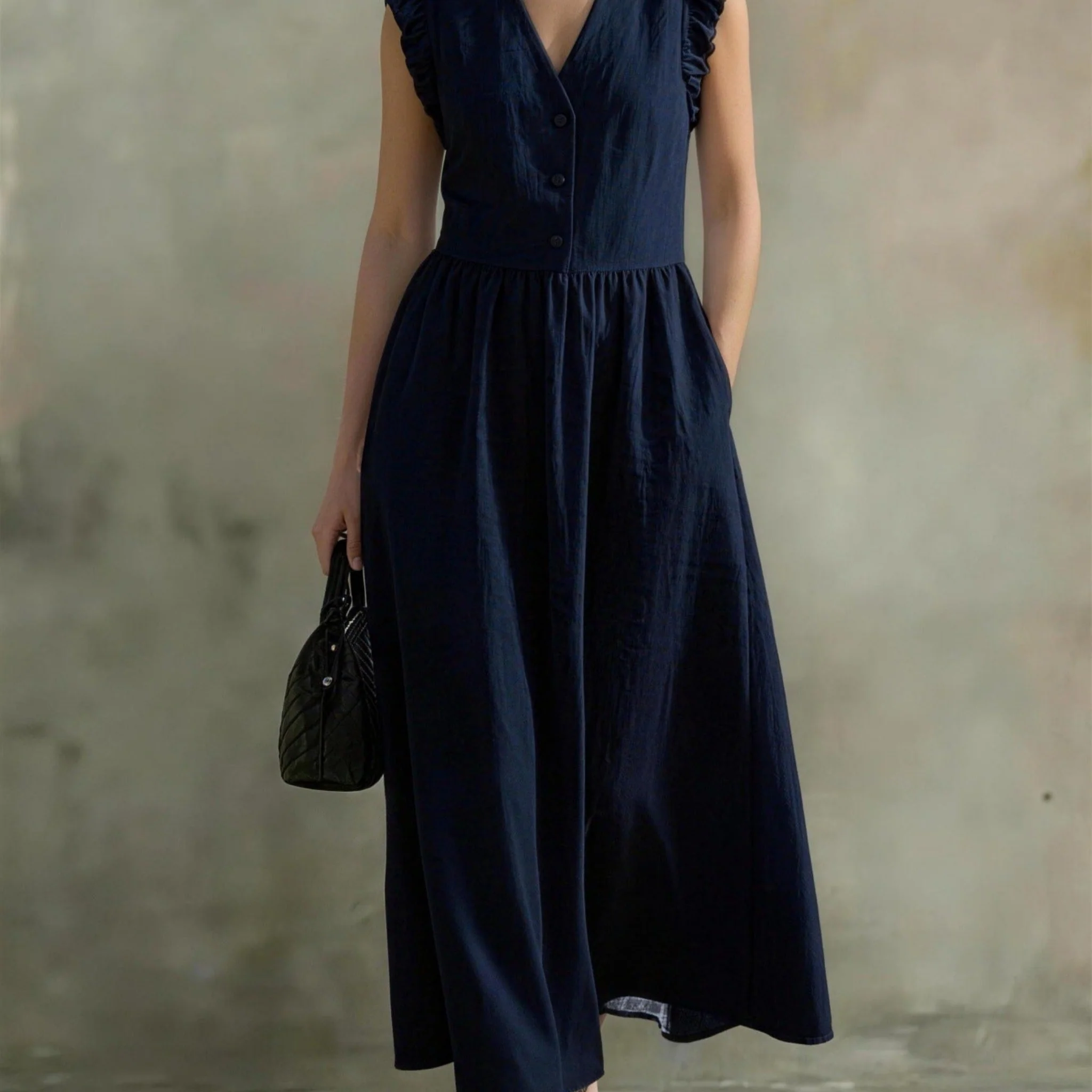 V-Neck Puff-Sleeve Dress with Pockets – Cotton Linen, 7 Colors - Image 8