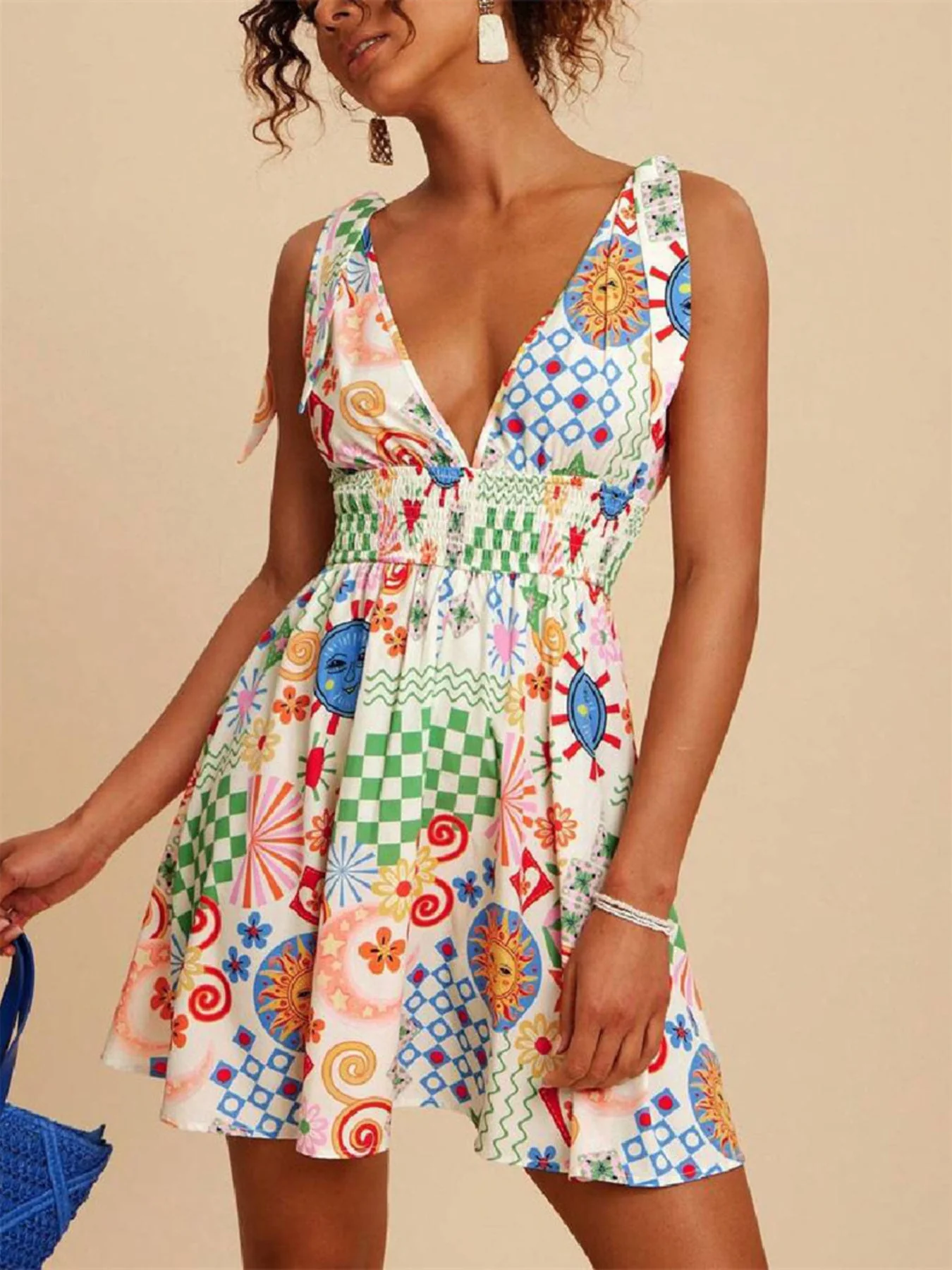 V-Neck Sleeveless Smocked Waist Printed Mini Dress - Image 3