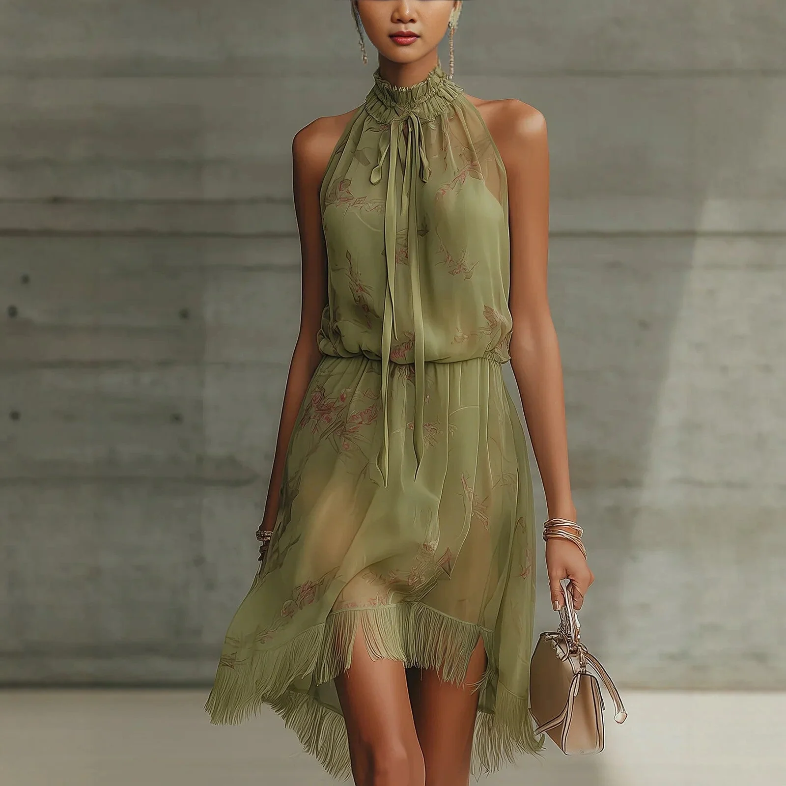 V-Neck Waist Trimming Ruffles Elegant Dress