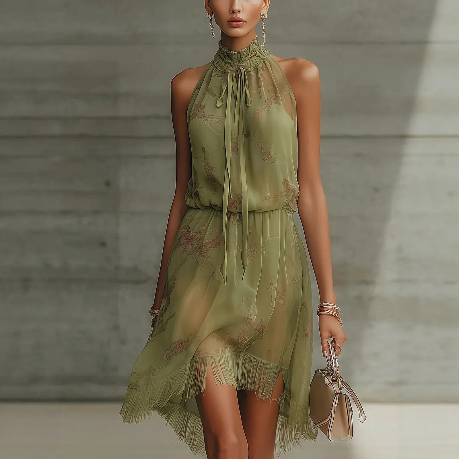 V-Neck Waist Trimming Ruffles Elegant Dress - Image 3