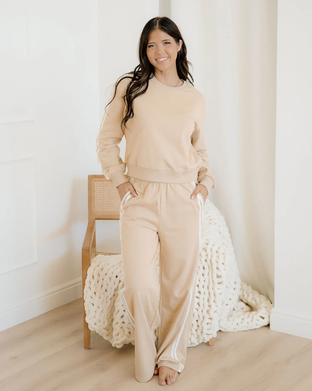 Varsity Pullover Wide Leg Pants 2pcs Outfit - Oatmeal - Image 4
