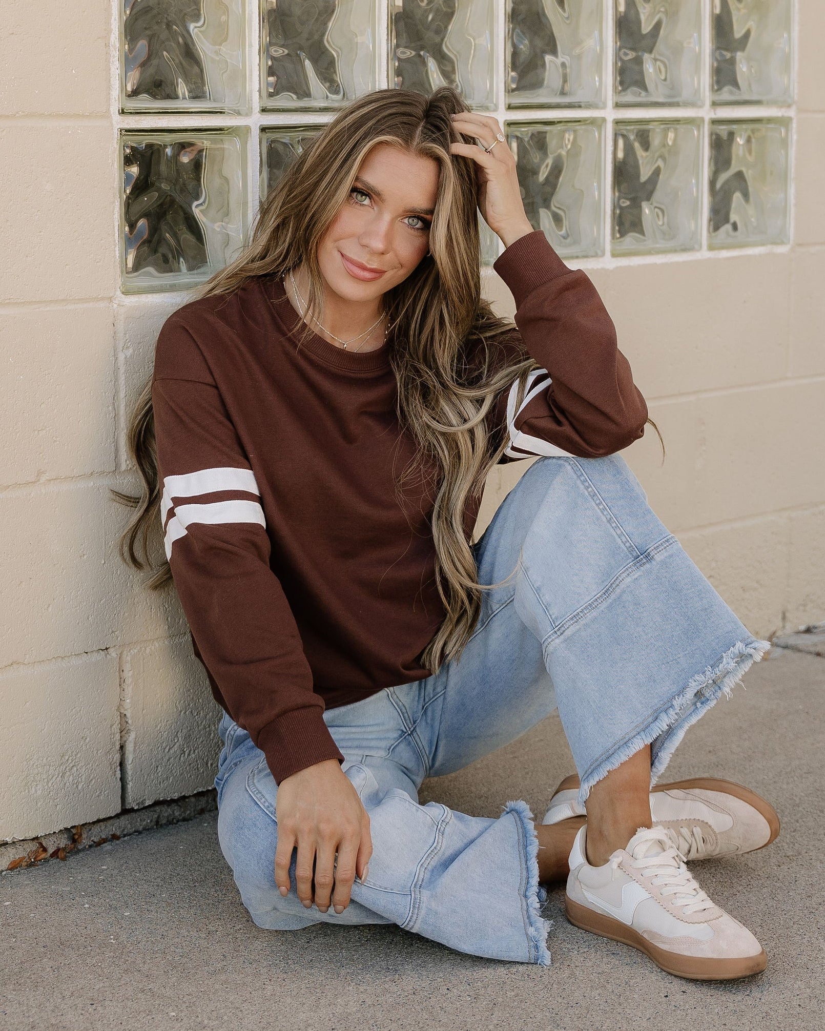 Varsity Striped Sleeve Loose Sweatshirt - Coffee - Image 2