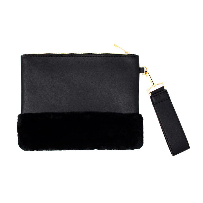 Vegan Faux Fur Trim Clutch Wristlet Bag Evening Bag - Image 2
