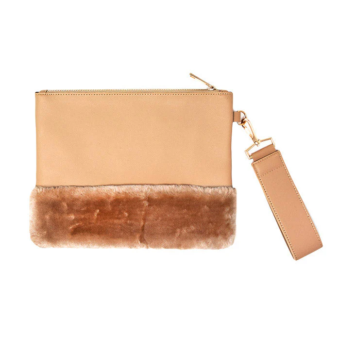 Vegan Faux Fur Trim Clutch Wristlet Bag Evening Bag - Image 3