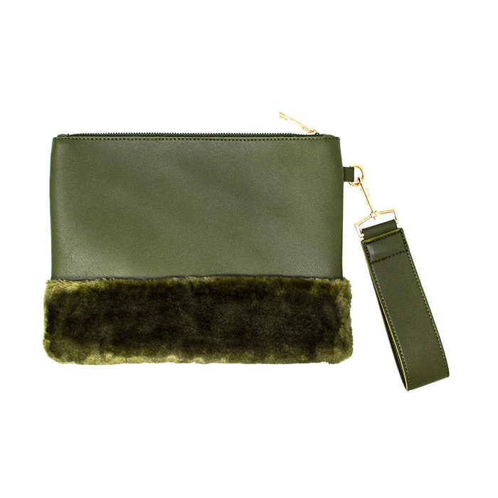 Vegan Faux Fur Trim Clutch Wristlet Bag Evening Bag - Image 5