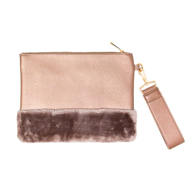 Vegan Faux Fur Trim Clutch Wristlet Bag Evening Bag - Image 6