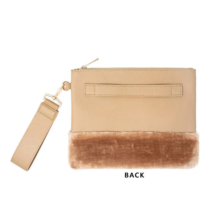 Vegan Faux Fur Trim Clutch Wristlet Bag Evening Bag - Image 8