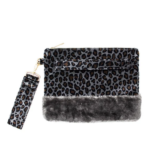Vegan Leopard Faux Fur Trim Clutch Wristlet Bag - Image 3