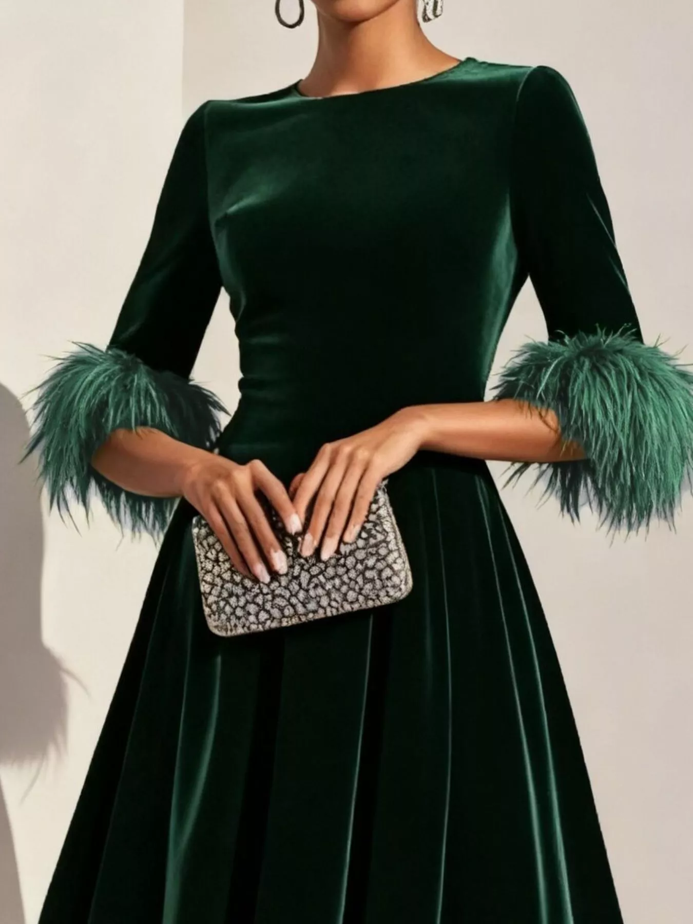 Velvet Midi Dress with Feather Cuffs - Image 6