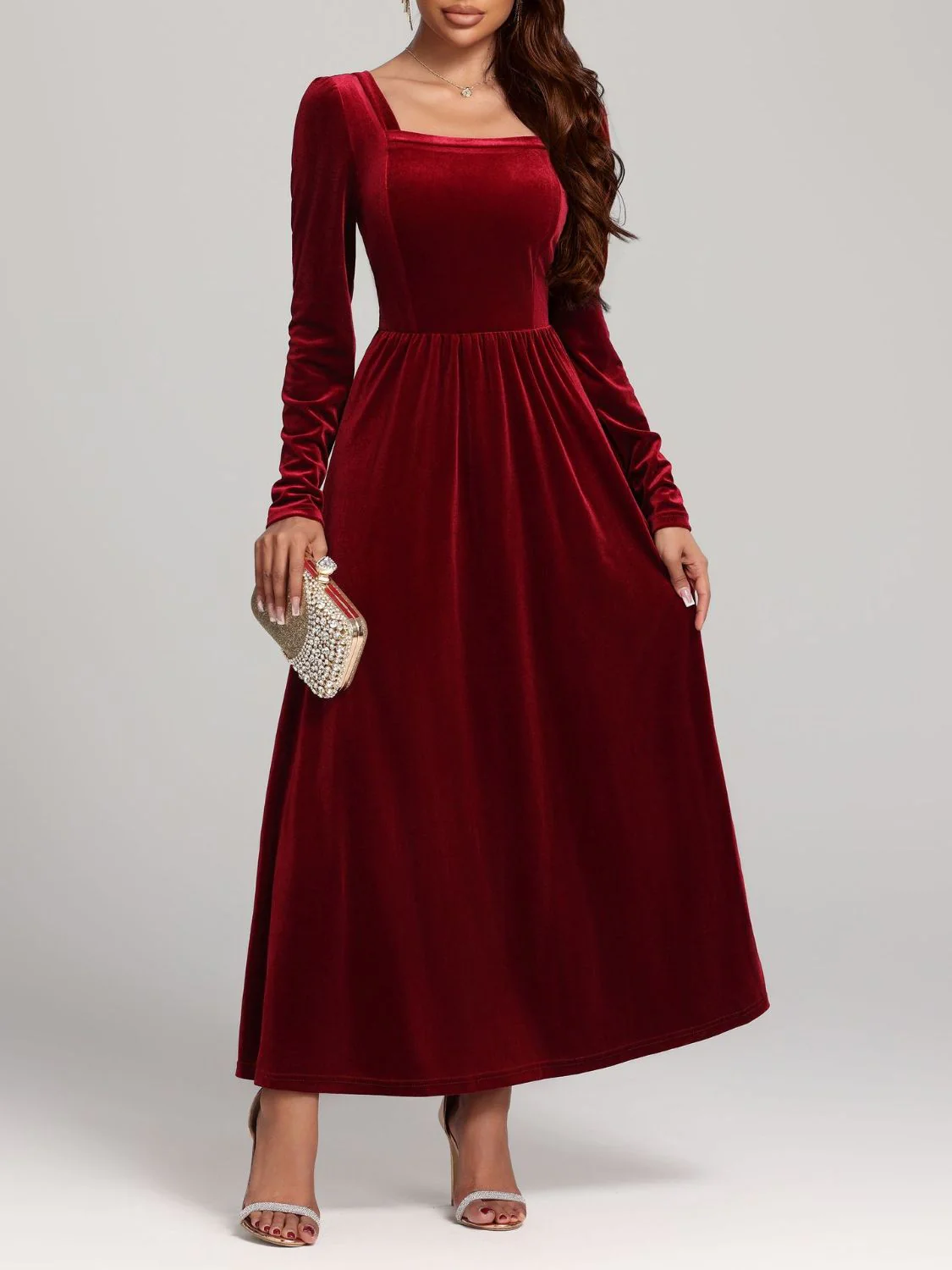 Velvet Square Neck Long Sleeve Dress - Image 11