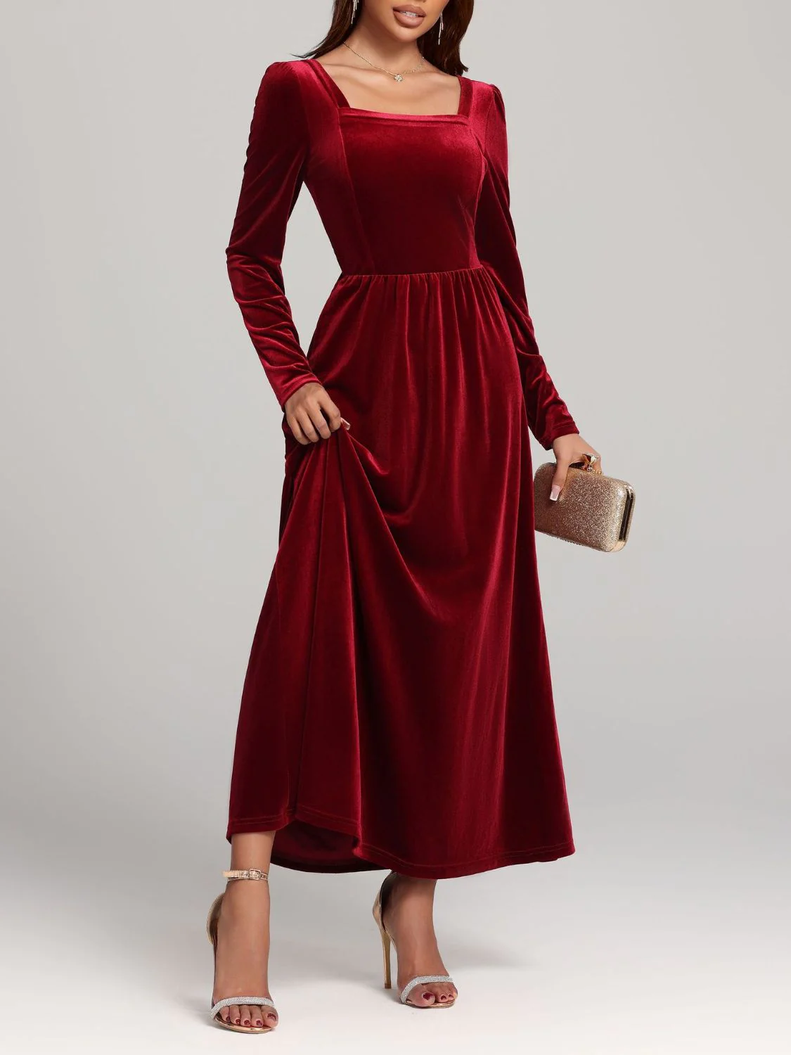 Velvet Square Neck Long Sleeve Dress - Image 13