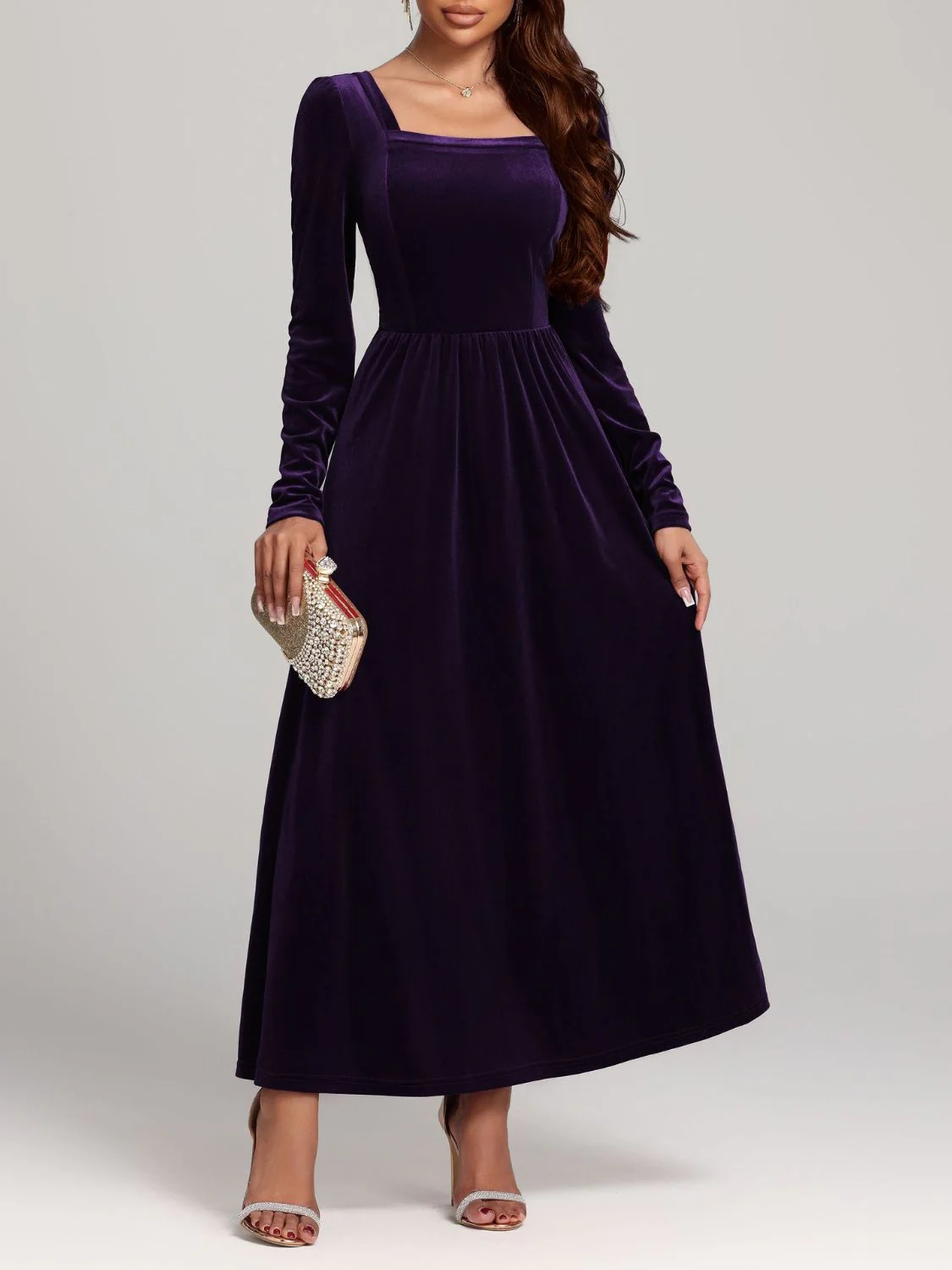 Velvet Square Neck Long Sleeve Dress - Image 17