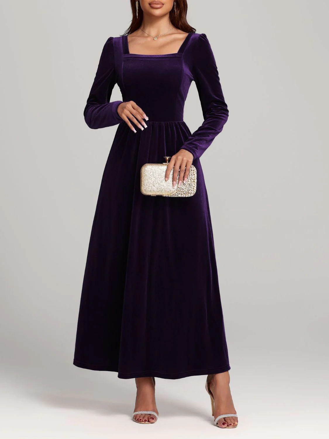 Velvet Square Neck Long Sleeve Dress - Image 18