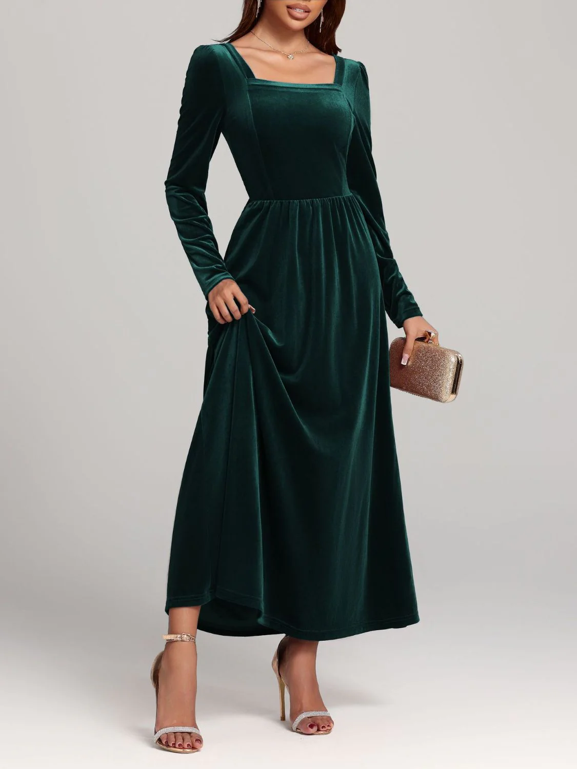 Velvet Square Neck Long Sleeve Dress - Image 5