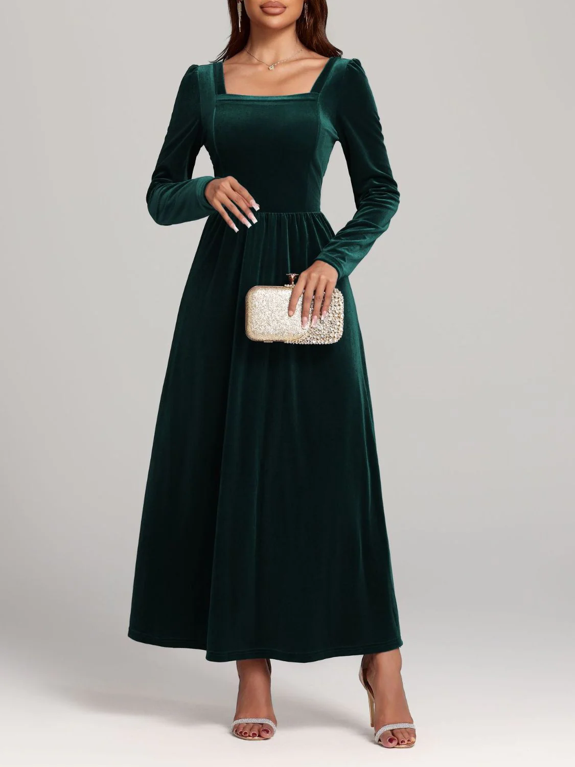 Velvet Square Neck Long Sleeve Dress - Image 8