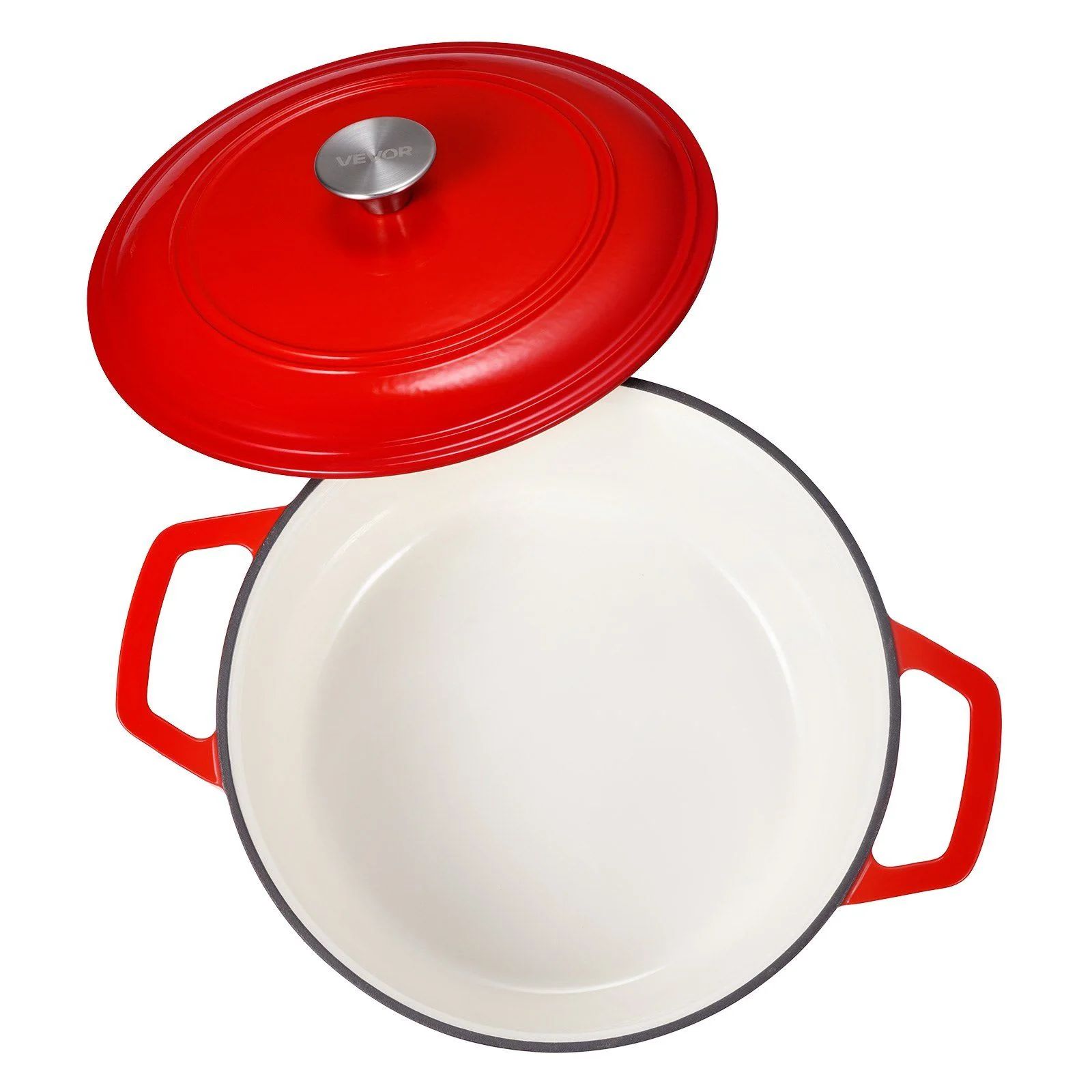 VEVOR Enameled Cast Iron Dutch Oven, 6 Quart Pot with Lid and Dual Handles, Heavy-Duty Durable Cookware Pan, Oven Induction Compatible up to 500°F, for Braising, Stews, Roasting, Bread Baking, Red - Red