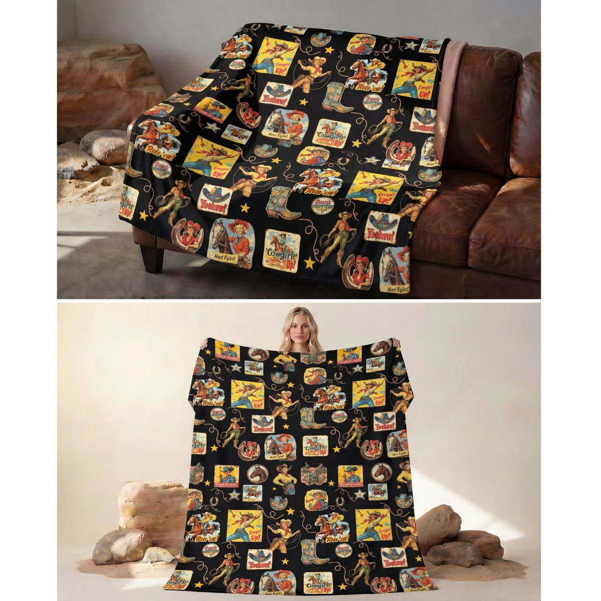 Vintage Cowgirl Collage Micro Fleece Throw Blanket 60" x 80" Made in America - Image 2