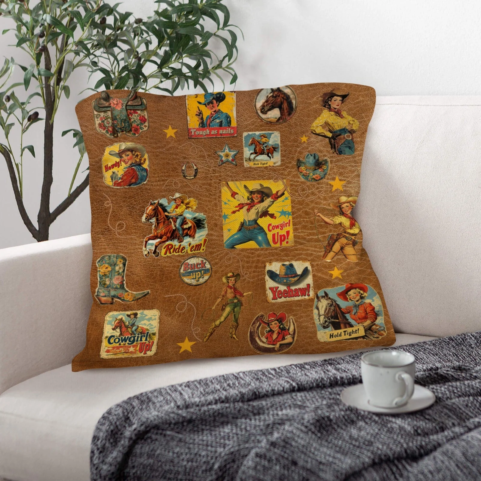 Vintage Cowgirl Collage Square Pillow Case 18x18 Made in America - Image 2