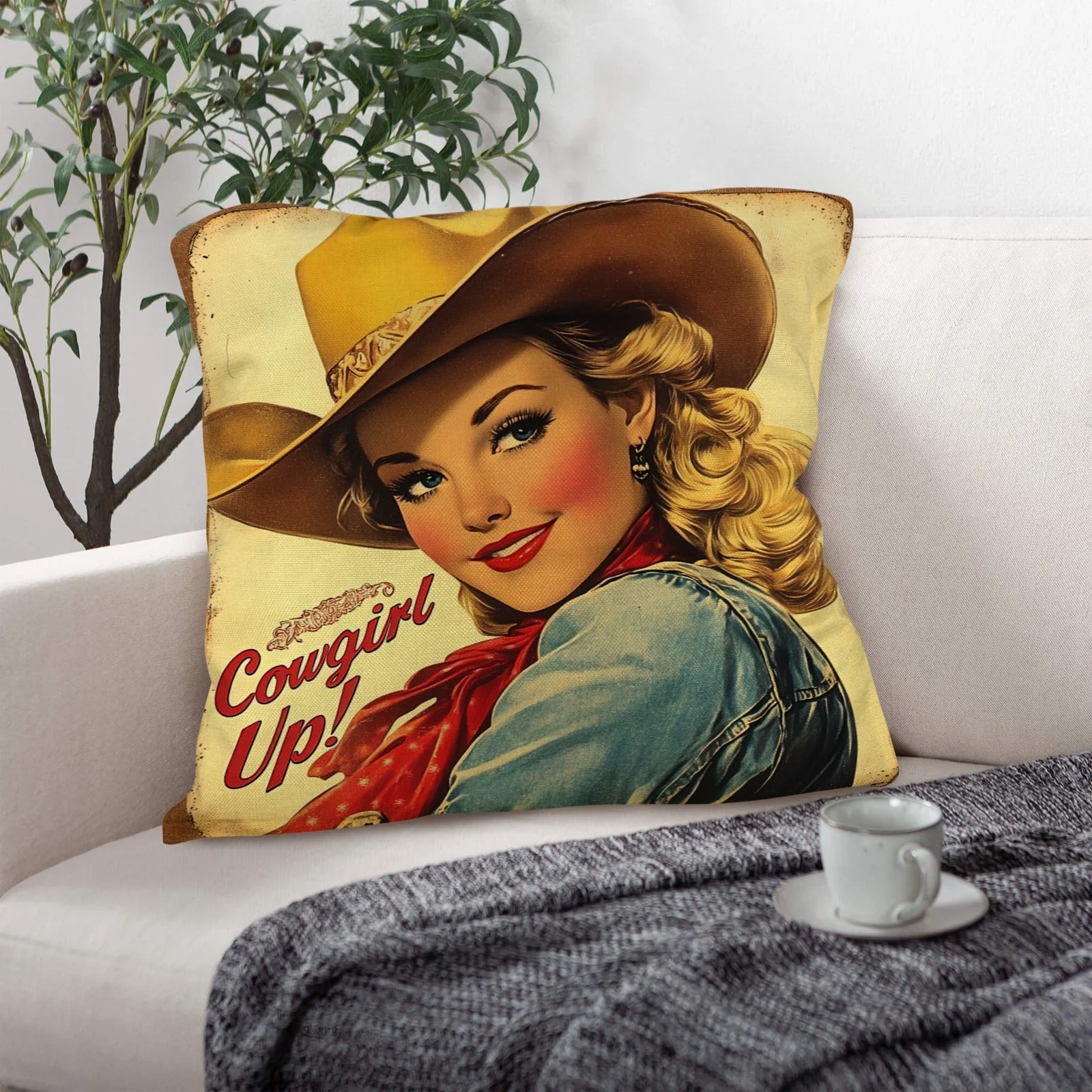 Vintage Cowgirl Up Throw Pillow Case 18 x 18 Made in America - Image 3