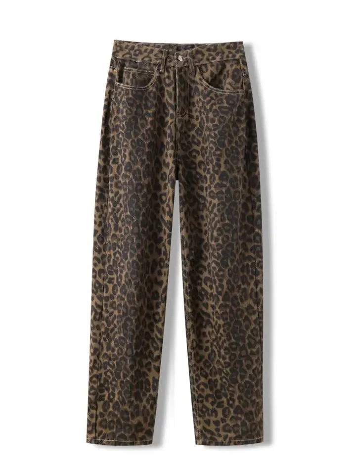Vintage Leopard Print Jeans Straight Loose Men And Women - Image 2