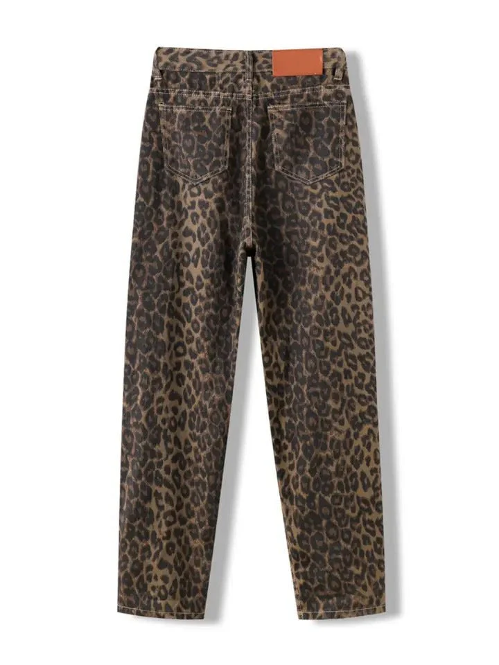Vintage Leopard Print Jeans Straight Loose Men And Women - Image 6