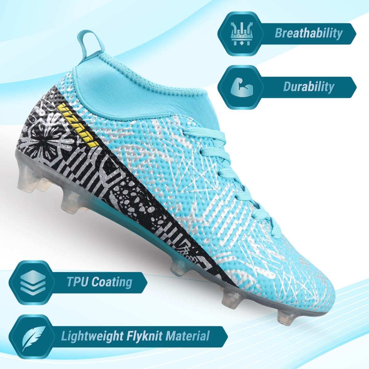 Vizari Saco FG Adult Soccer Cleats for Outdoor Play Mint/Black Mid-Cut High Ankle Football Shoes with Sock - Image 8