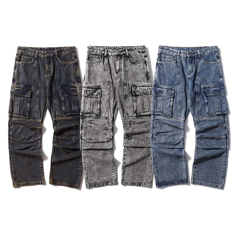 Washed Distressed Multi-pocket Jeans Wide-leg Straight Trousers - Image 5