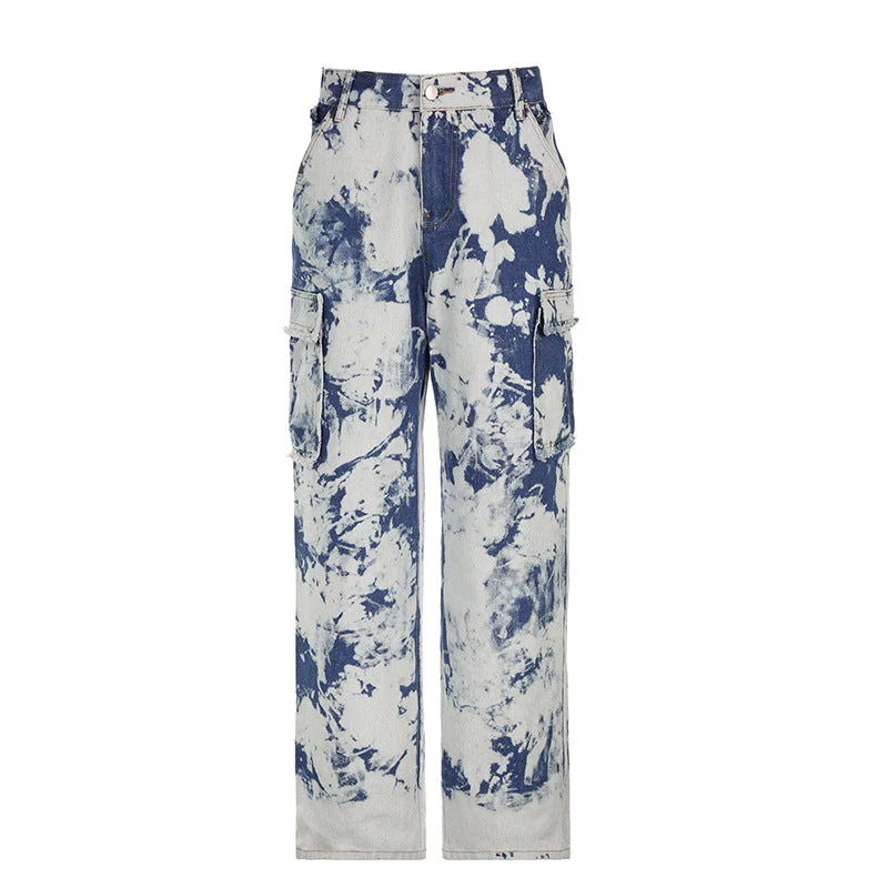 Washed Tie-dye Pocket Stitching High Waist Straight Jeans - Image 6