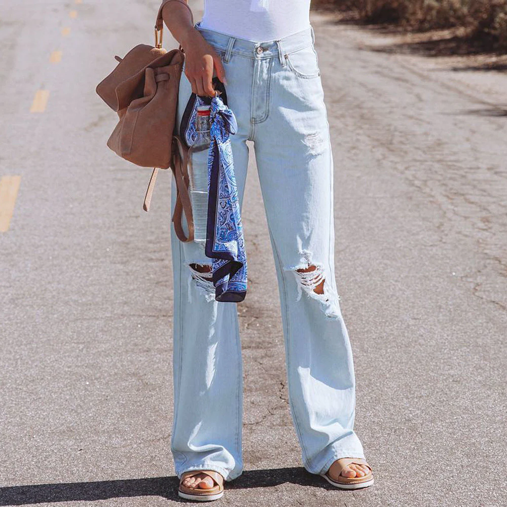 Water Washed Hole High Waist Temperament Wide-leg Jeans - Image 6