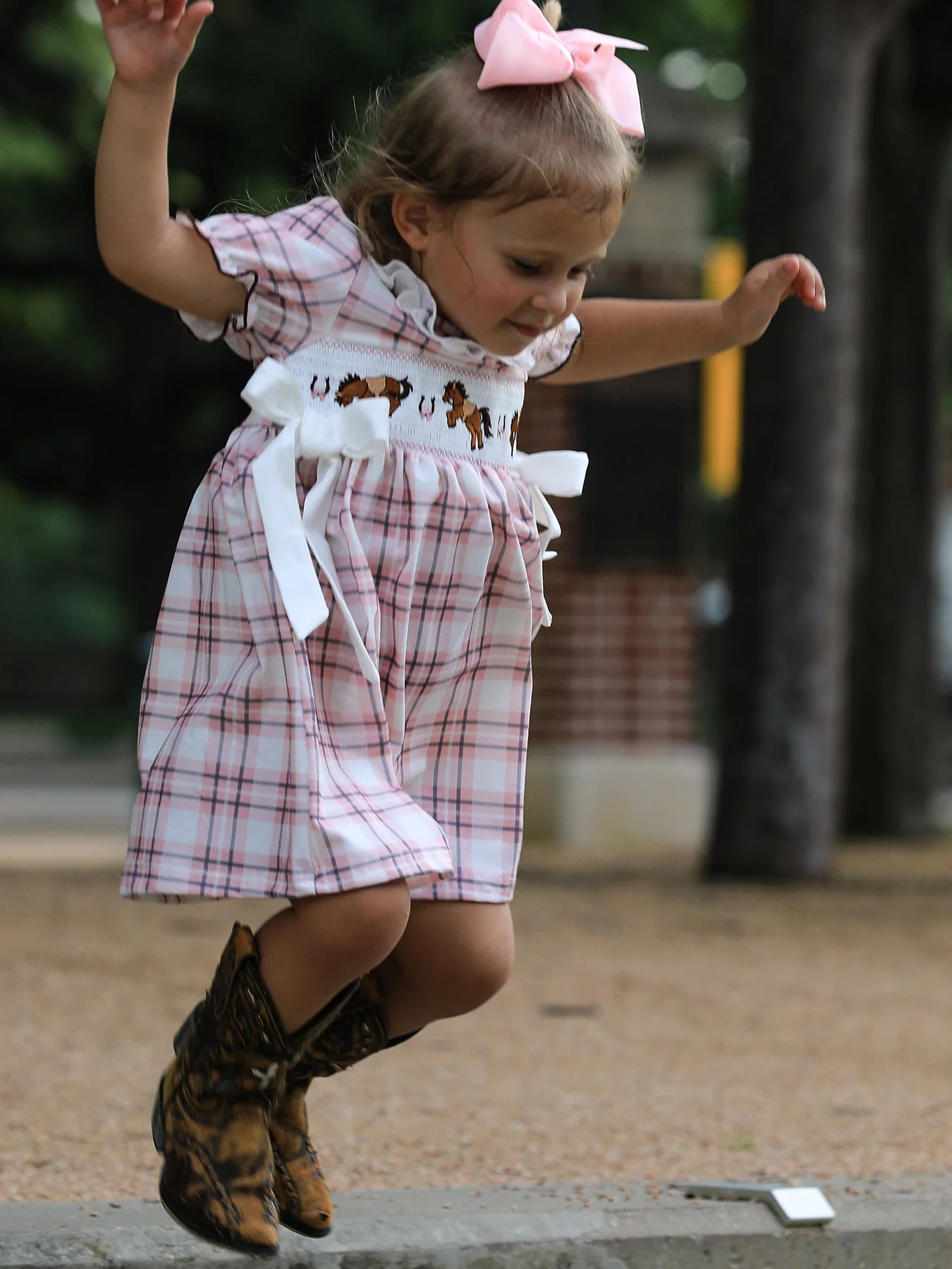 Western Horse Embroidered Smocked Plaid Girls Dress - Image 2