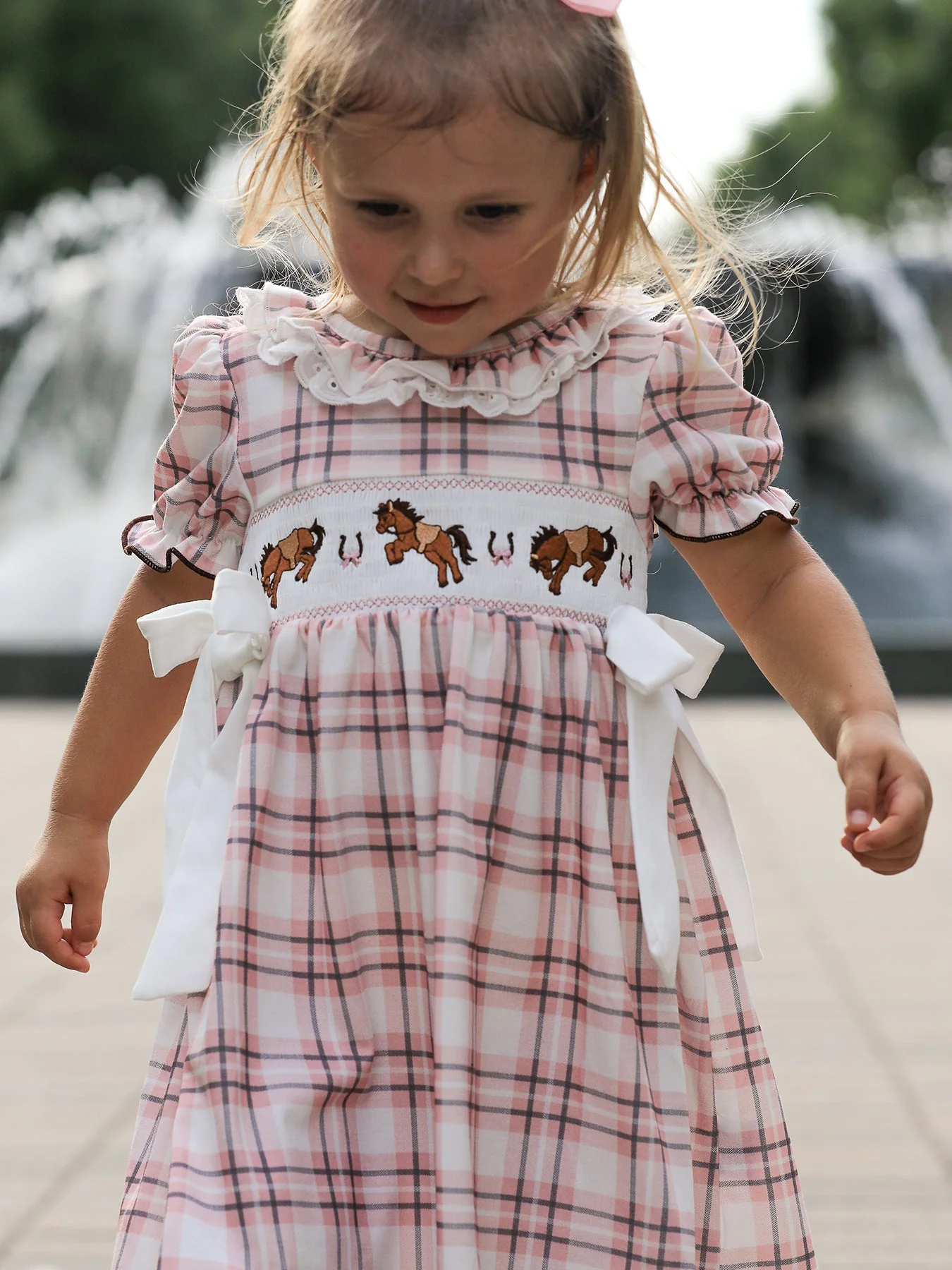 Western Horse Embroidered Smocked Plaid Girls Dress - Image 3