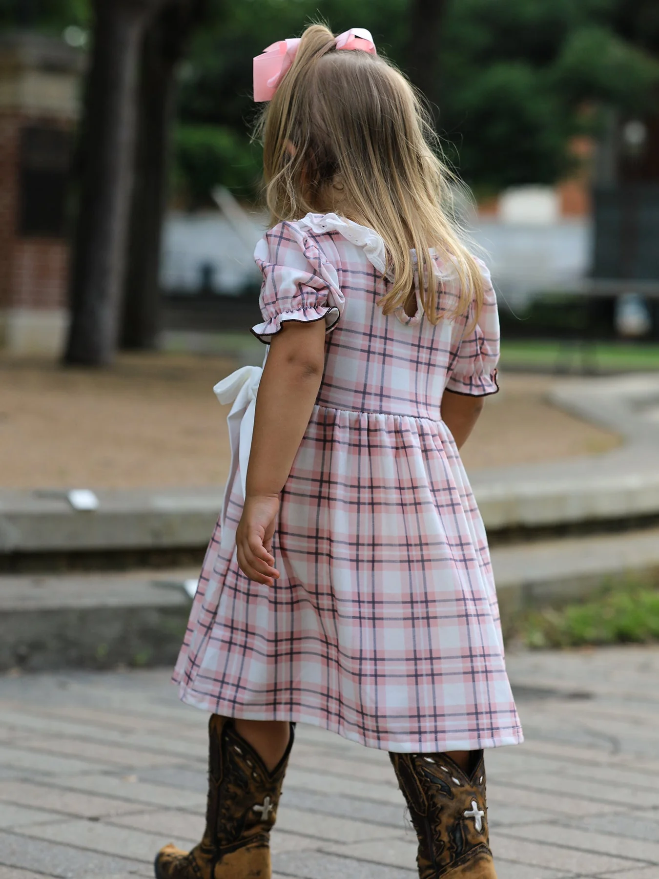 Western Horse Embroidered Smocked Plaid Girls Dress - Image 5