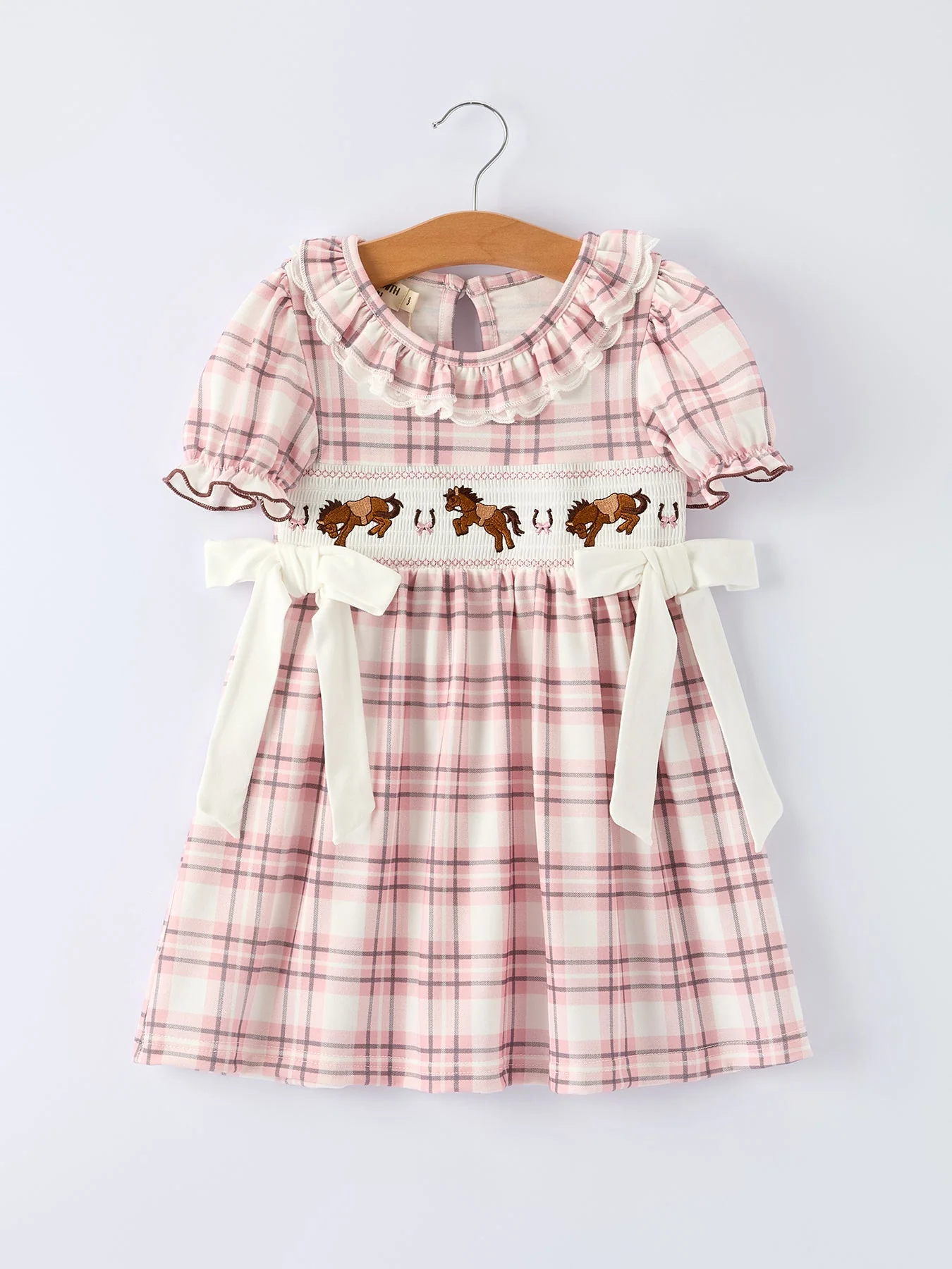 Western Horse Embroidered Smocked Plaid Girls Dress - Image 6