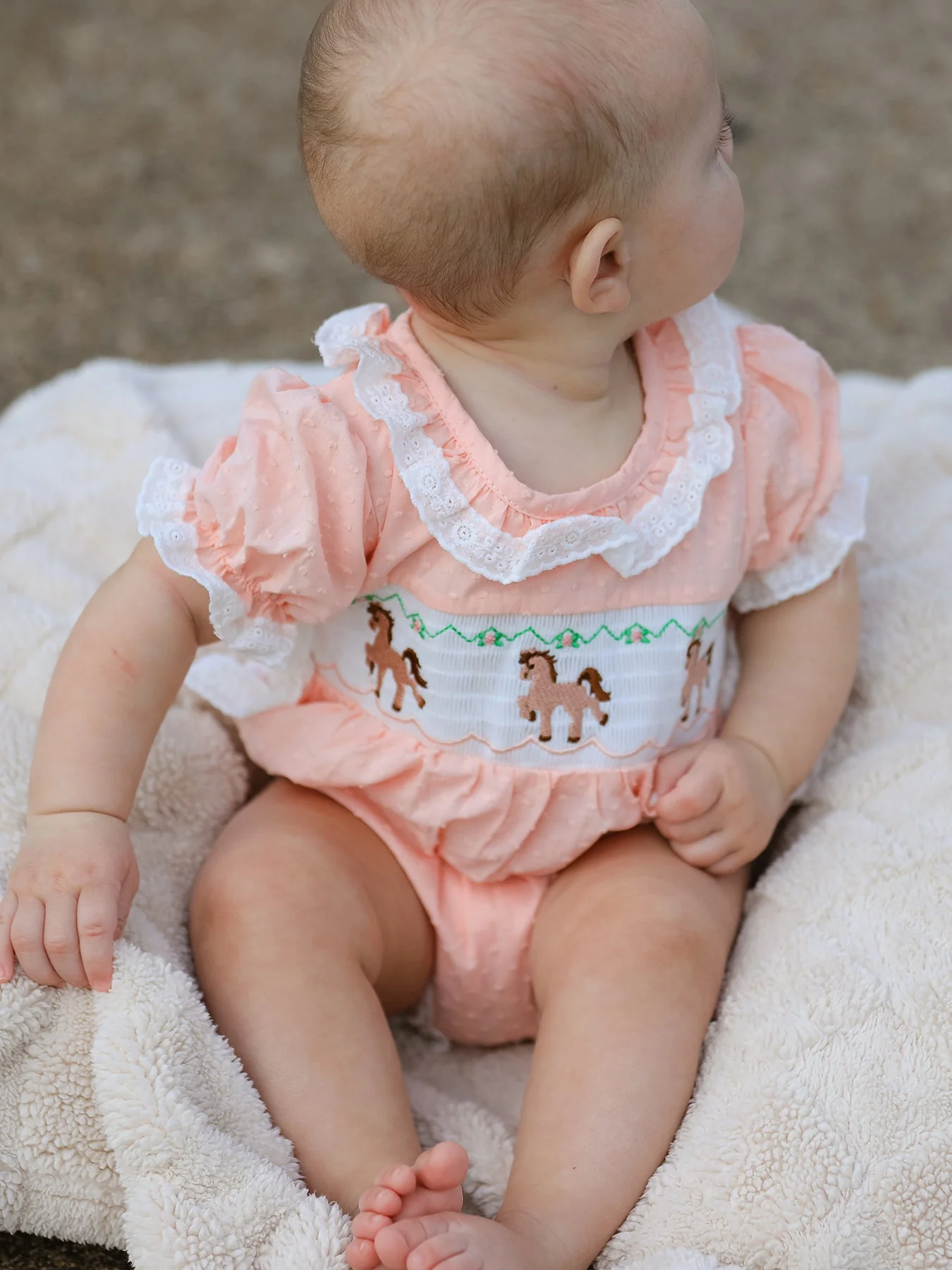 Western Horse Embroidery Girls Romper Lace Petals Collar Puff Sleeve - Image 2