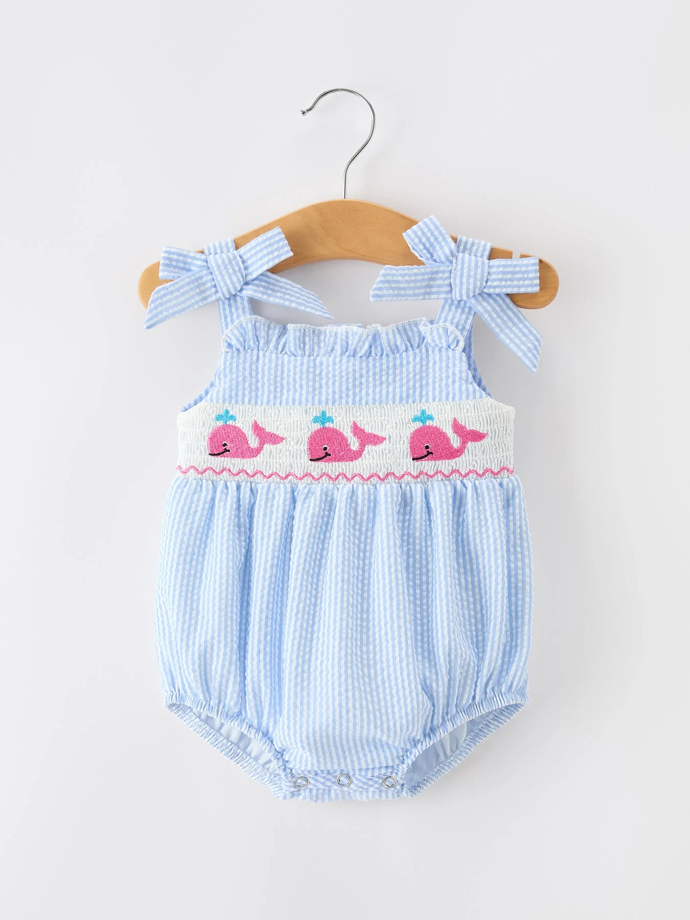 Whale Embroidered Smocked Seersucker Baby Girl Romper Bow - Image 4