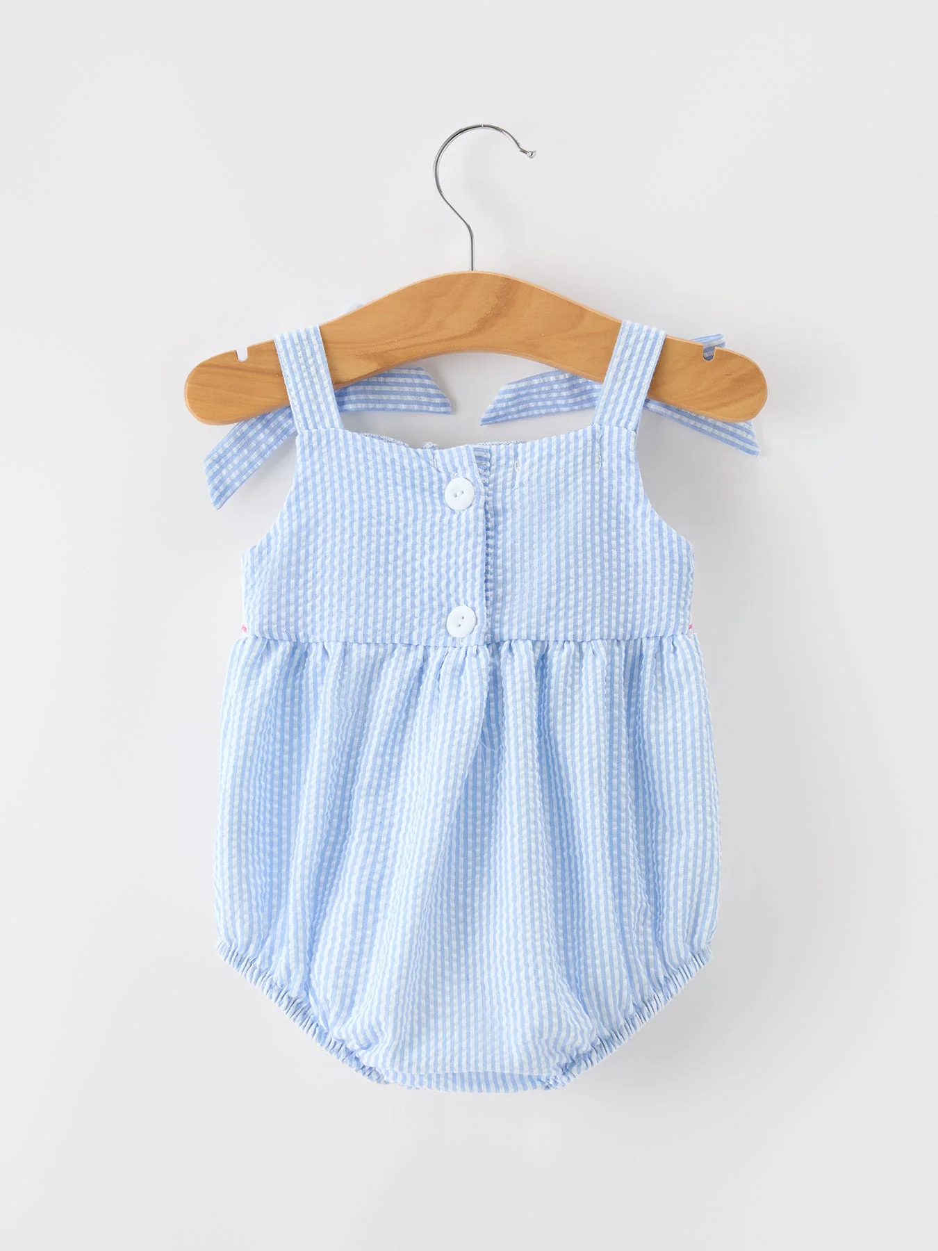 Whale Embroidered Smocked Seersucker Baby Girl Romper Bow - Image 5