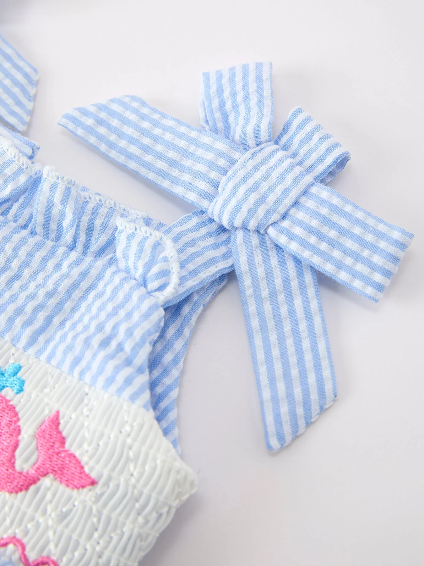 Whale Embroidered Smocked Seersucker Baby Girl Romper Bow - Image 6