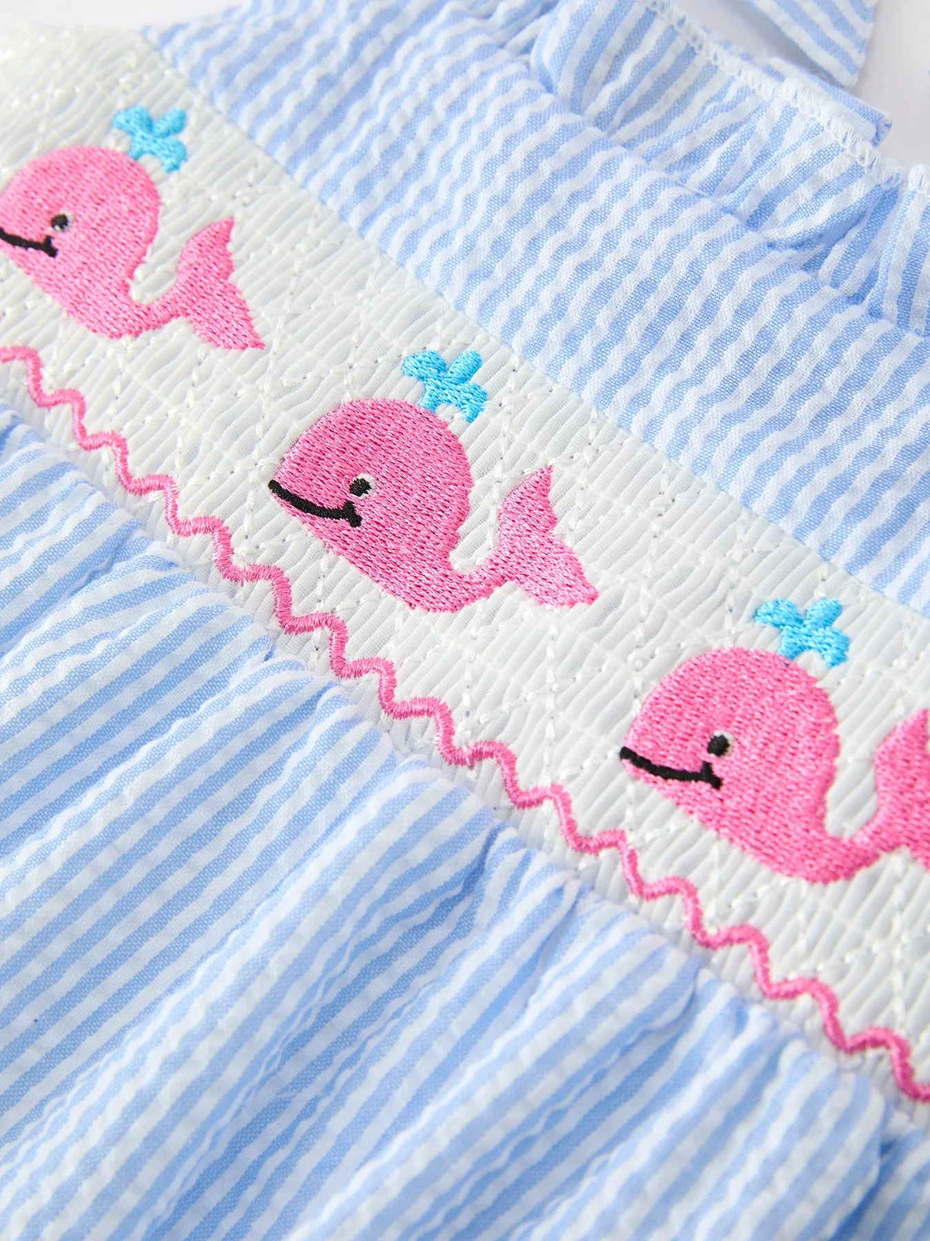 Whale Embroidered Smocked Seersucker Baby Girl Romper Bow - Image 7