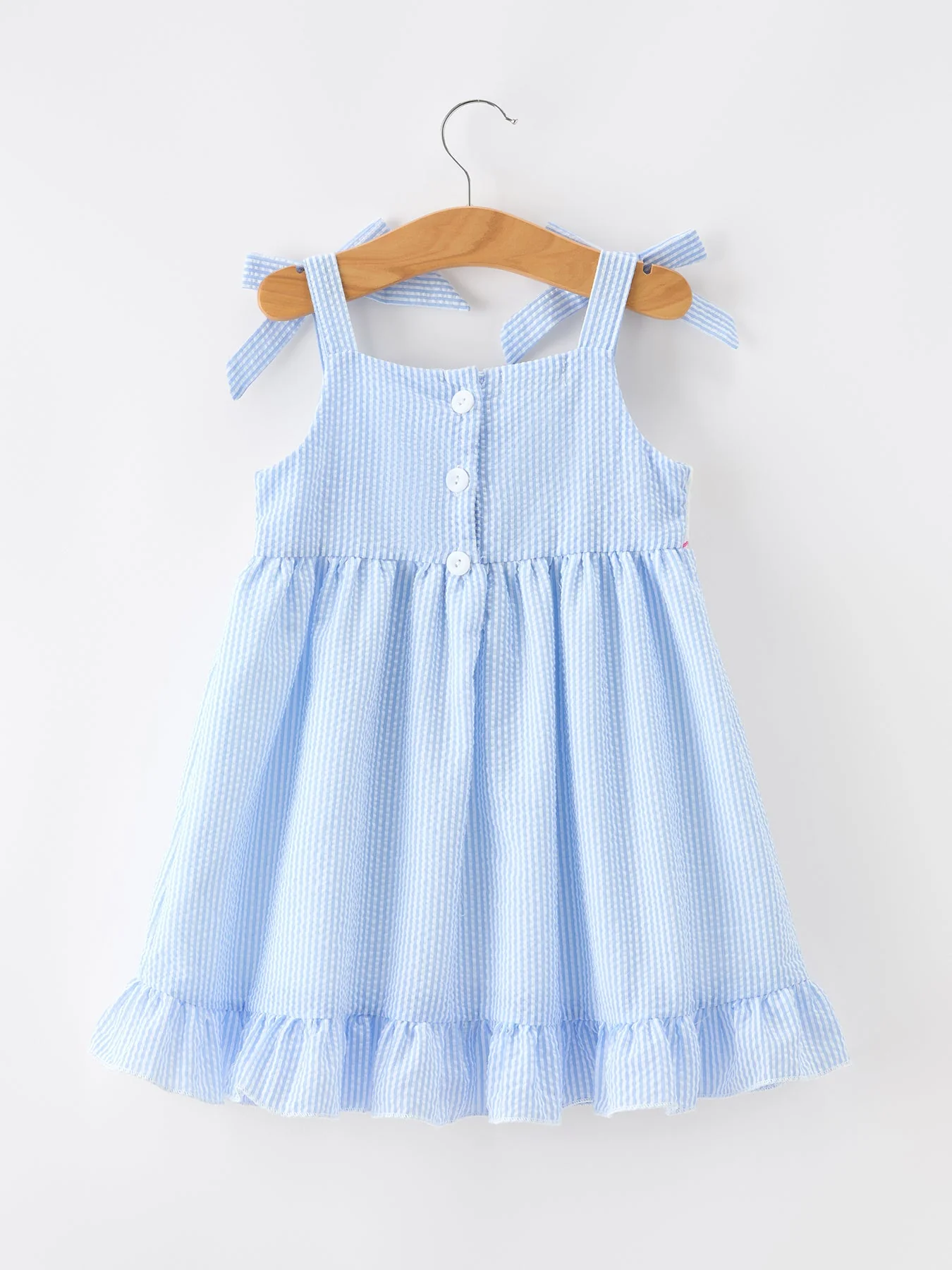 Whale Embroidered Smocked Seersucker Girls Dress Bow - Image 2